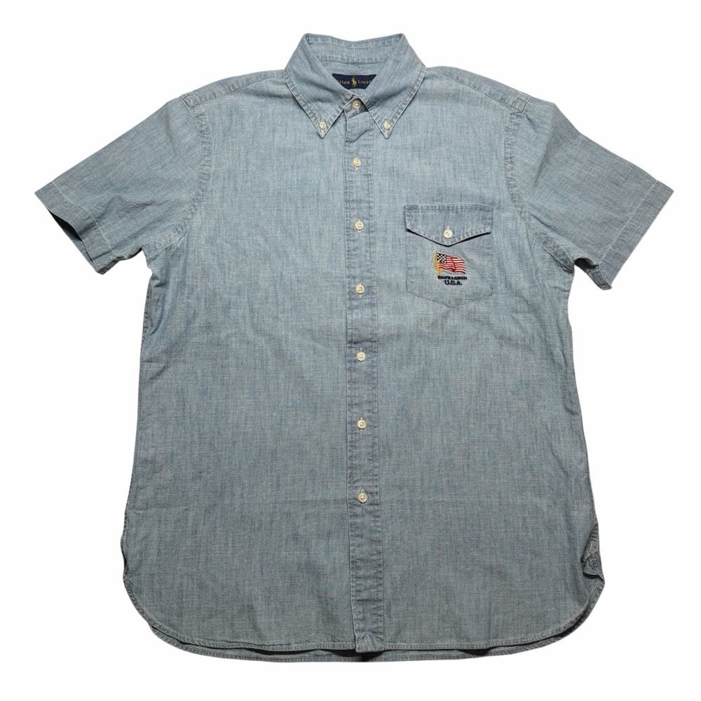 Ralph Lauren Chambray S/S Button Down Shirt Mens Med USA Embroidered Flag Pocket